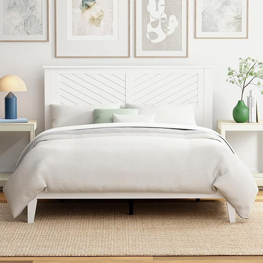 Serene Farmhouse Style Wood Bed in Queen Size with Chevron Scoring Headboard, Coastal Modern Design, Sturdy, Easy Assembly, Ample Underbed Storage, White Finish