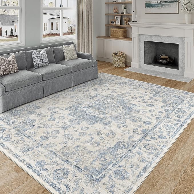 8x10 Washable Neutral Area Rug Blue Vintage Living Room Bedroom Carpet Non-Slip Soft Low Pile Floral Indoor Large Throw Rug for Dining Room Office