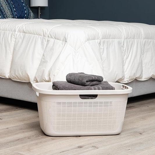 Mind Reader 40L Laundry Basket, Linen Design Clothes Hamper, Plastic Storage Bin with Handles, Ivory
