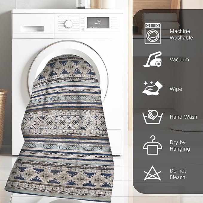 RUGSURE Washable Area Rugs 3' x 5 ' - 1/6 Thick - Moroccan-Inspired -Stain & Water Resistant Non-Slip - Resistant Rug for Living Room, Bedroom, Nursery, Pet & Child Friendly (Blue and Brown)