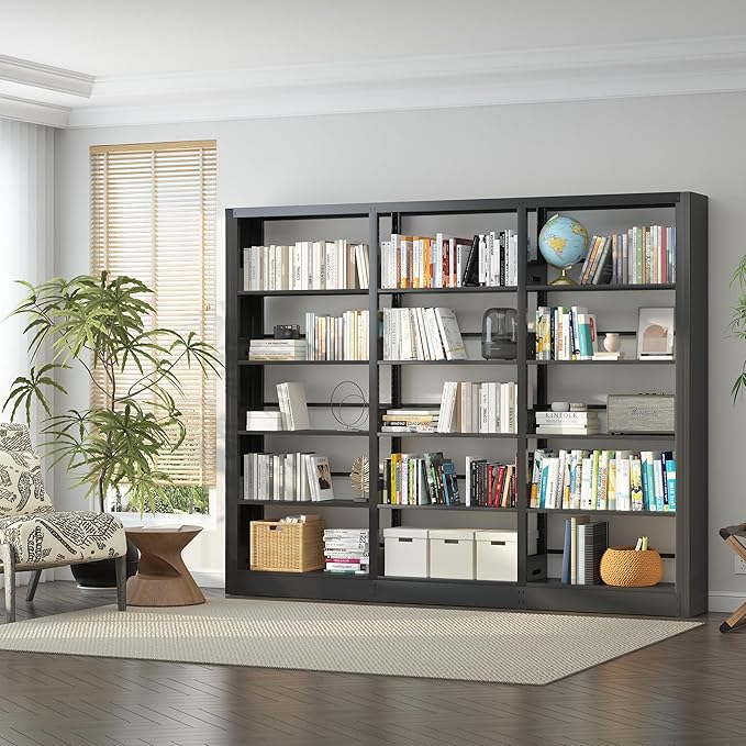 5-Tier Industrial Bookshelf, White Bookcases and Bookshelves, Tall Storage Organizer, Freestanding for Living Room, Bedroom, Home Office, Metal (Black, Bookshelf-4)