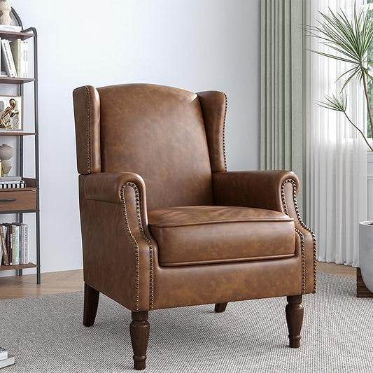 Lumibee Accent Chair, Faux Leather High Back Armchair or Living Room, Comfy Upholstered Single Sofa Reading Chair with Solid Wood Legs for Office, Bedroom, Waiting Room-Brown