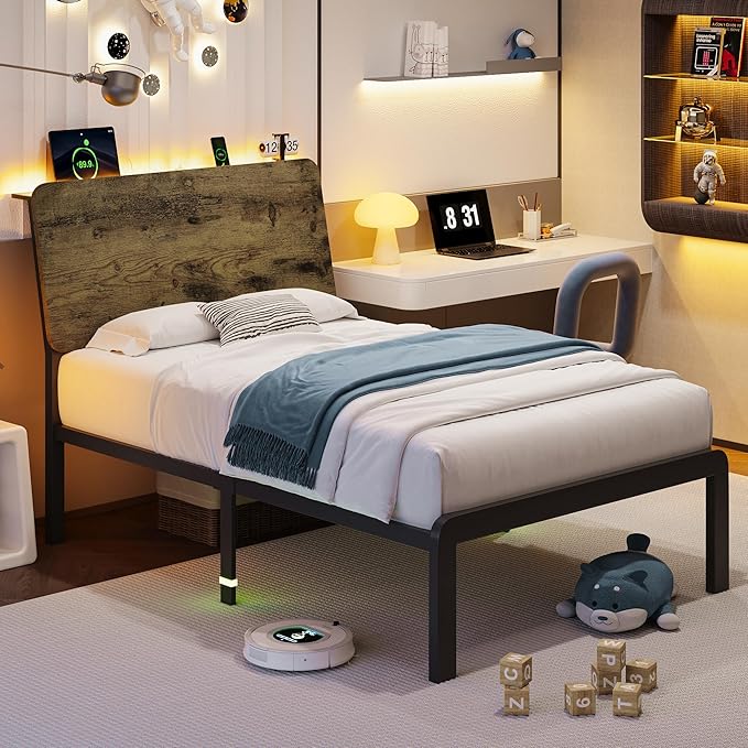 iPormis Twin Size Bed Frame with Ergonomic Wooden Storage Headboard, Metal Platform Bed with LED Lights & Charging Station, Steel Slats Support, No Box Spring Needed, Noise-Free, Easy Assembly, Rustic