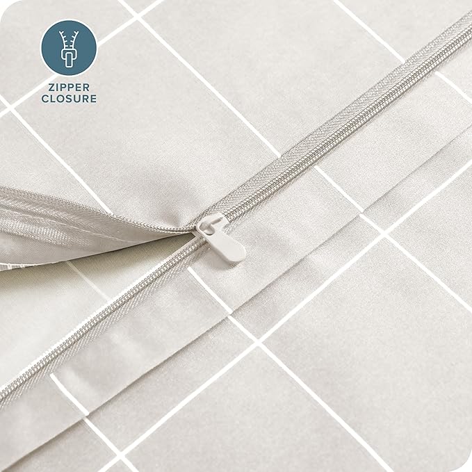 Bare Home Duvet Cover - Queen Size Bedding Set - Premium 1800 Super Soft Collection - Lightweight, Cooling - Soft Breathable Duvet Cover (Queen, Grid – Stone/White)