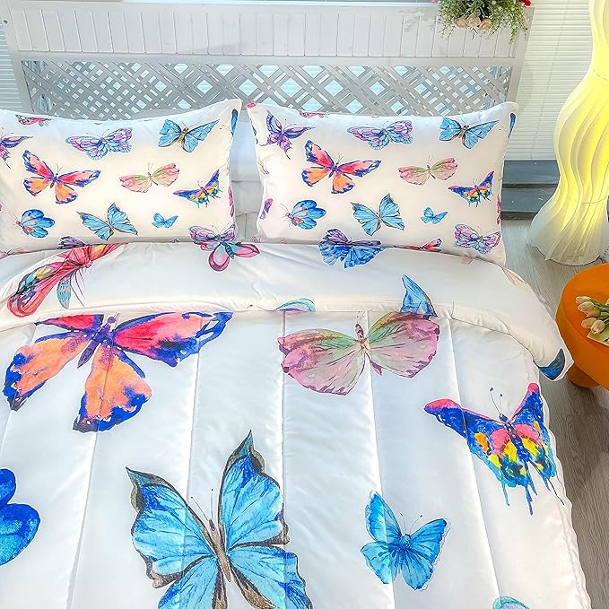 CVHOUSE Butterfly Bedding Set,Butterfly Comforter King,Butterfly Comforter Set for Girls Kids Teens,Butterflies Quilt Set with 1 Comforter and 2 Pillow Cases