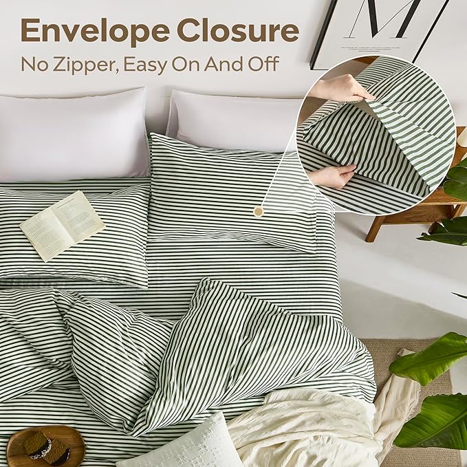 JELLYMONI 100% Natural Cotton Striped Duvet Cover Sets,White Duvet Cover with Green Stripes Pattern Printed Comforter Cover,with Zipper Closure & Corner Ties(Twin 66×92 Inch)