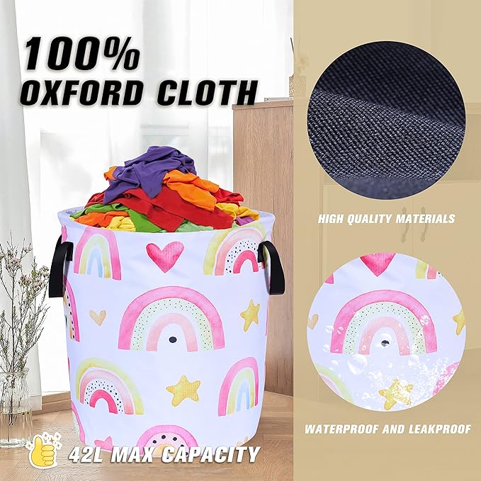 Colorful Rainbow Stars Laundry Basket Foldable Oxford Cloth Funny Tote Bag Laundry Hamper Clothes Storage Bucket Organizer For Bathroom/Laundry Storage/Bedroom 17.7x13.7 Inch