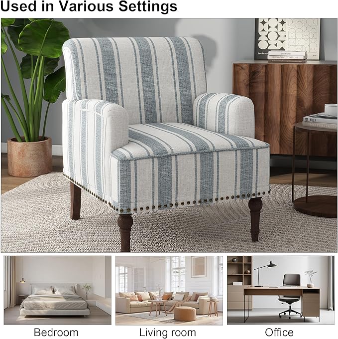 Accent Chair Set of 2, Mid Century Modern Comfy Armchair for Living Room, Linen Fabric Single Sofa Lounge for Reading Bedroom Apartment Waiting Room with Wood Legs-Blue Stripe