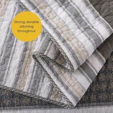 Soul & Lane Madrona 3-Piece Pieced Cotton Quilt Set - Queen Size with 2 Shams, Modern Masculine Quilted Bedspread in Brown and Gray, Contemporary Striped Bedding for Men's Bedroom