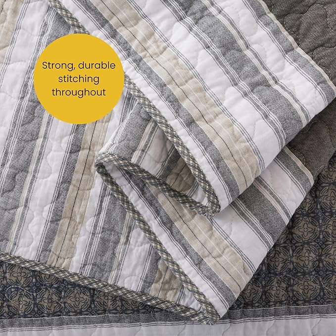 Soul & Lane Madrona 3-Piece Pieced Cotton Quilt Set - King Size with 2 Shams, Modern Masculine Quilted Bedspread in Brown and Gray, Contemporary Striped Bedding for Men's Bedroom