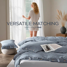JELLYMONI Washed Cotton Duvet Cover Queen Size – Breathable & Cozy Bedding Set for Modern Homes, Dorms & Guest Rooms, Blue Striped Comforter Cover with Button Closure, 1 Duvet Cover & 2 Pillowcases
