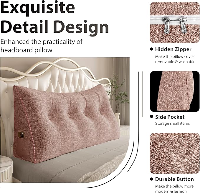 11 lbs Thickened Queen Wedge Pillow Headboard Body Positioner Bed Wedge Pillow Backrest Triangular Headboard Pillow for Sleeping with Side Pocket Velvet Positioning Support Pink