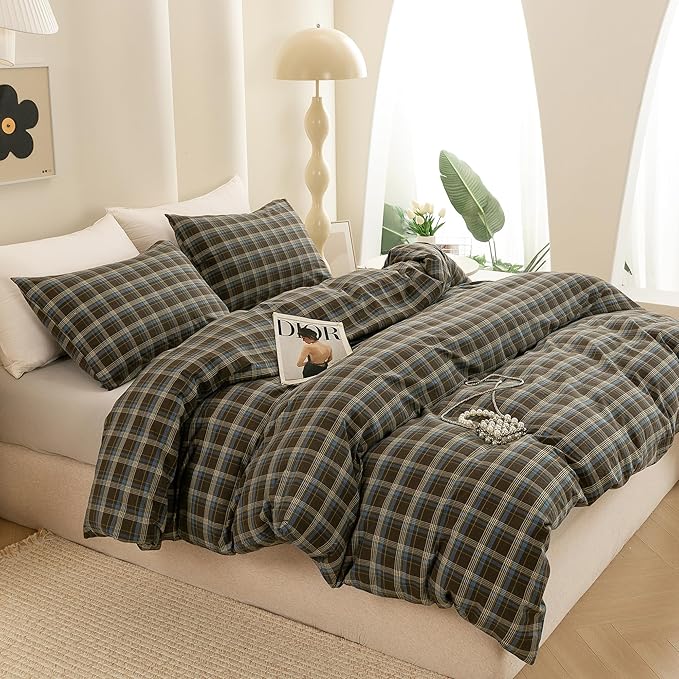 ECOCOTT Buffalo Plaid Duvet Cover Queen Size – 3 Piece Washed Cotton Brown & Blue Bedding Set, Soft & Breathable, Reversible Checkered Design with Zipper Closure & Corner Ties