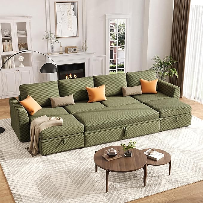 GarveeHome Sectional Sleeper Sofa with Pull Out Bed, Corduroy Modular Sectional 6 Seat Couch with Pull Out Couch and Storage Seat & 2 Ottomans, Convertible Couches for Living Room