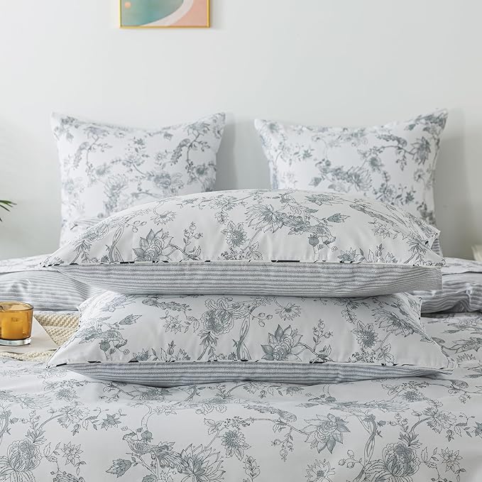 FADFAY Gray and White Duvet Cover Set Queen Shabby White Floral Bedding Vintage Bird Farmhouse Bedding Peacock Quilt Cover Set 100% Cotton Comforter Cover with Hidden Zipper Closure 3Pcs, Queen Size