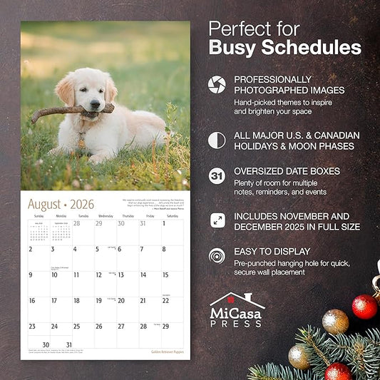 MICASA PRESS Golden Retriever Puppies 2026 Wall Calendar 12 Month | 12" x 24" Open | Thick & Sturdy Paper | Holiday Gift | Cute Puppy Dog Calendar 2026