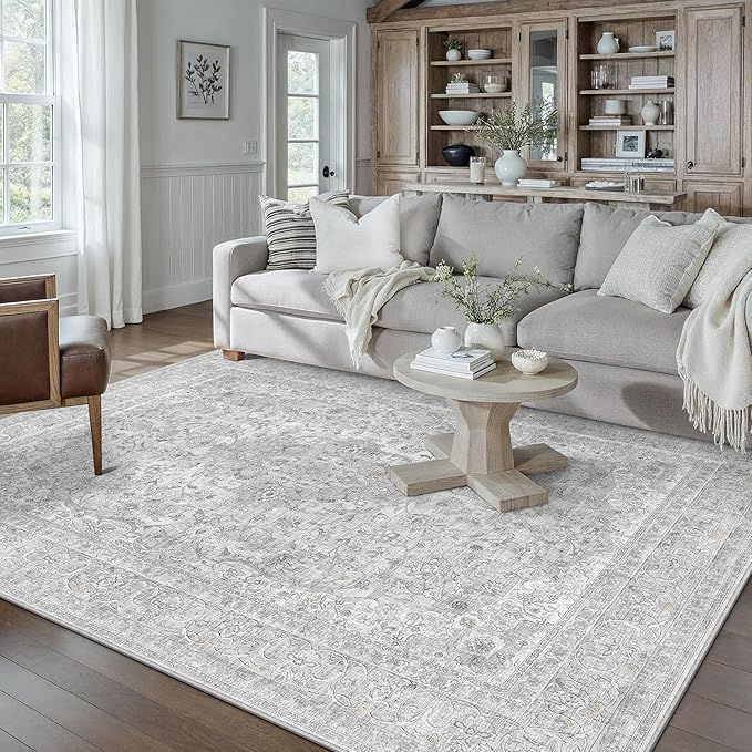 Gray Area Rug 5x7 for Living Room Washable Vintage Carpet Low Pile Non Slip Distressed Soft Traditional Retro Oriental Grey Accent Throw Rug Office Kitchen Bedroom Bathroom Dining Room