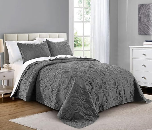 Pure Bedding Quilt Set King/Cal King/California King Size Dark Grey - Oversized Bedspread - Microfiber Coverlet - Includes 1 Quilt and 2 Shams, Ocean Star Pattern