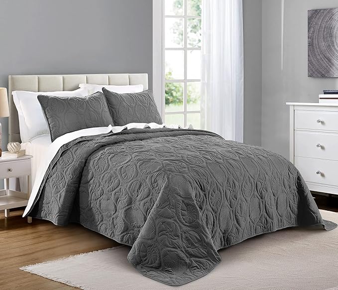 Pure Bedding Quilt Set Full/Queen Size Dark Grey - Oversized Bedspread - Soft Microfiber Coverlet for All Season - Includes 1 Quilt and 2 Shams, Ocean Star Pattern