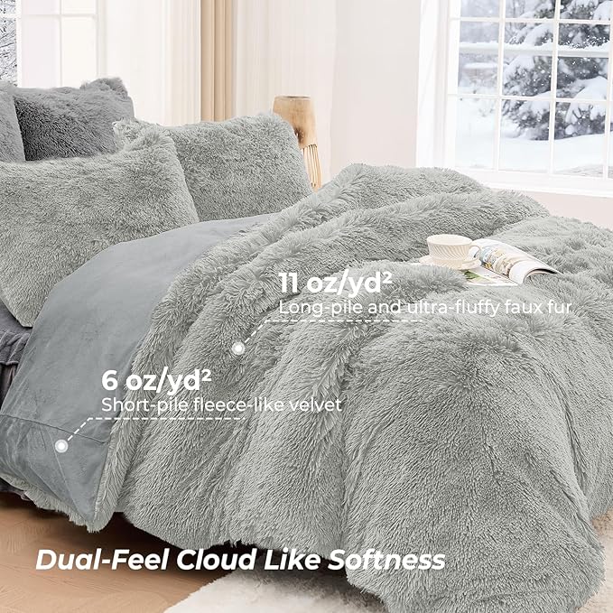 Sasttie 3-Piece Fluffy Duvet Cover King, Ultra Soft Faux Fur and Velvet Light Grey Comforter Cover, Luxury Fuzzy Bedding Sets for Winter Bed, Includes 1 Duvet Cover and 2 Pillowcases, No Comforter