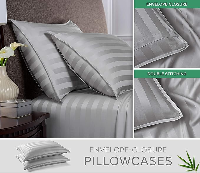 Pure Bamboo Split King Sheets, Genuine 100% Organic Viscose Derived from Bamboo Bed Sheet Set, Soft & Cooling, Double Stitching, 2 Fitted Sheets (Split King, Jacquard Silver)