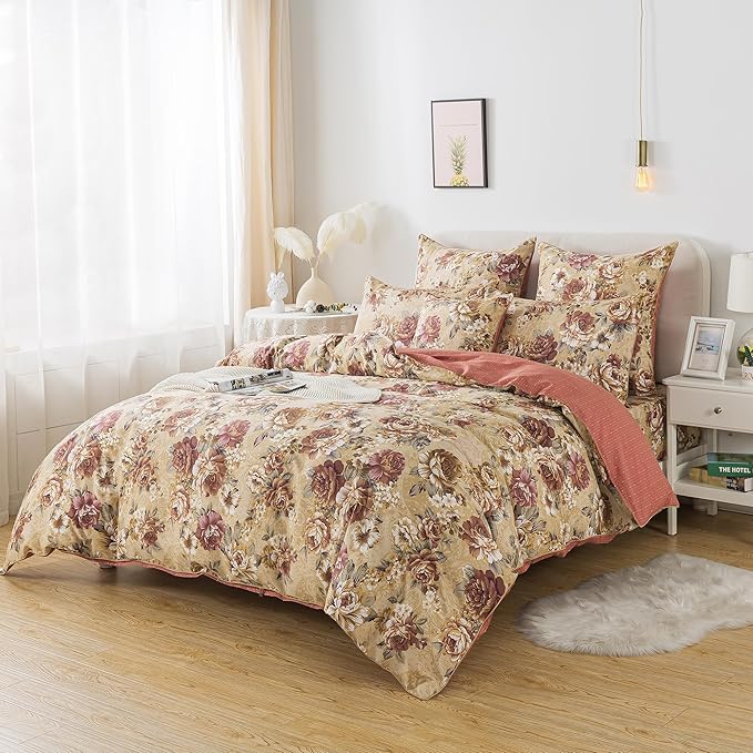 FADFAY Duvet Cover Sets Queen Tan Peony Floral Bedding Shabby Brown Flower Comforter Cover Set Vintage Farmhouse Bedding 100% Cotton Soft Quilt Cover with Hidden Zipper Closure 3 Pieces, Queen Size