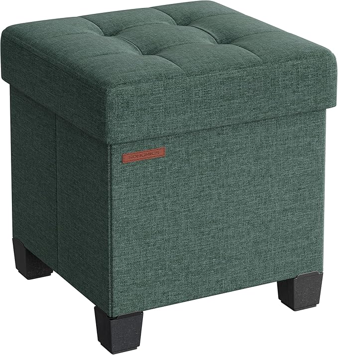 SONGMICS Storage Ottoman, Small Ottoman Foot Rest with Legs, 15 x 15 x 15.7 Inches Foot Stool, Load up to 660 lb, for Living Room, Bedroom, Dorm, Retro Green ULSF014C01