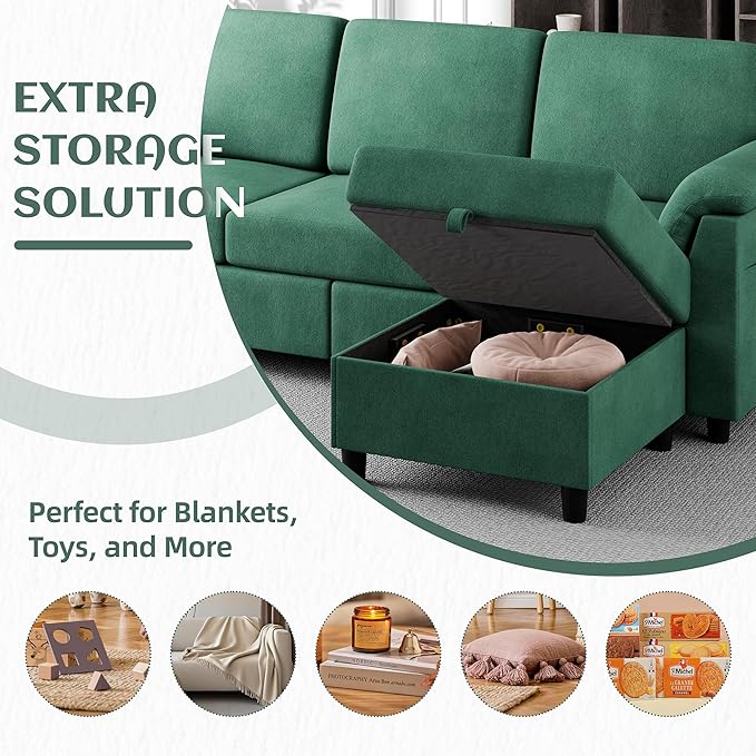 Vongrasig Convertible Sectional Couch, 3 Seat L Shaped Sofa with Removable Pillows Linen Fabric Small Modern Couch Mid Century for Living Room, Apartment and Office, Green
