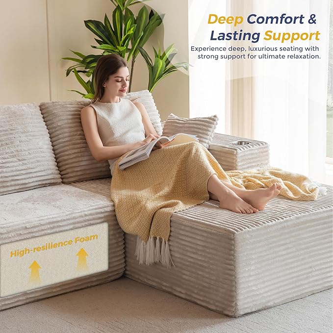 MAXYOYO 104" Modular Sectional Couch with L-Shape Chaise, Modern Boneless Couch for Living Room, Sofa in A Box, Oversized Sofa Sleeper with Deep Seat, No Assembly Required, Grayish Beige
