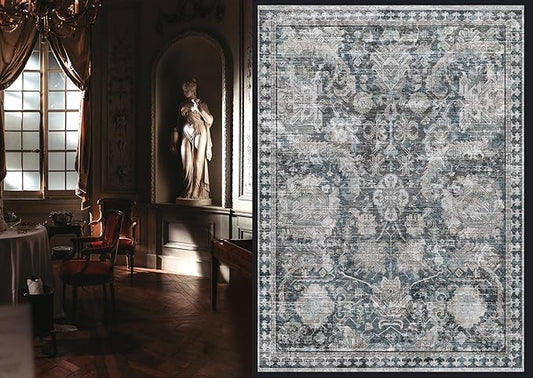 RUGSURE Washable Area Rugs - Perfect for Living Room, Bedroom, Kids Room, Nursery - Stain & Water Resistant Non-Slip, Pet & Child Friendly, Vintage Tribal Area Rugs (Grey and Bule, 9' x 12')