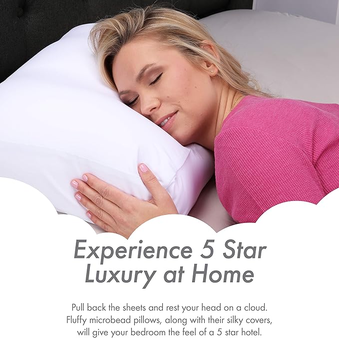PILLOWY Premium Microbead Bed Pillow, Medium Extra Fluffy But Supportive - Ultra Comfortable Sleep with Silk Like Anti Aging Cover 85% Spandex/ 15% Nylon Breathable, Cooling White