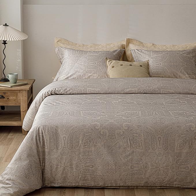 HeimenAogo Egyptian Cotton Duvet Cover Queen Size Sateen Weave, Silky Soft Boho Duvet Cover Zipper Closure, Long Staple Cotton Bed Linen Boteh Damask Medallion Paisley 3Pcs