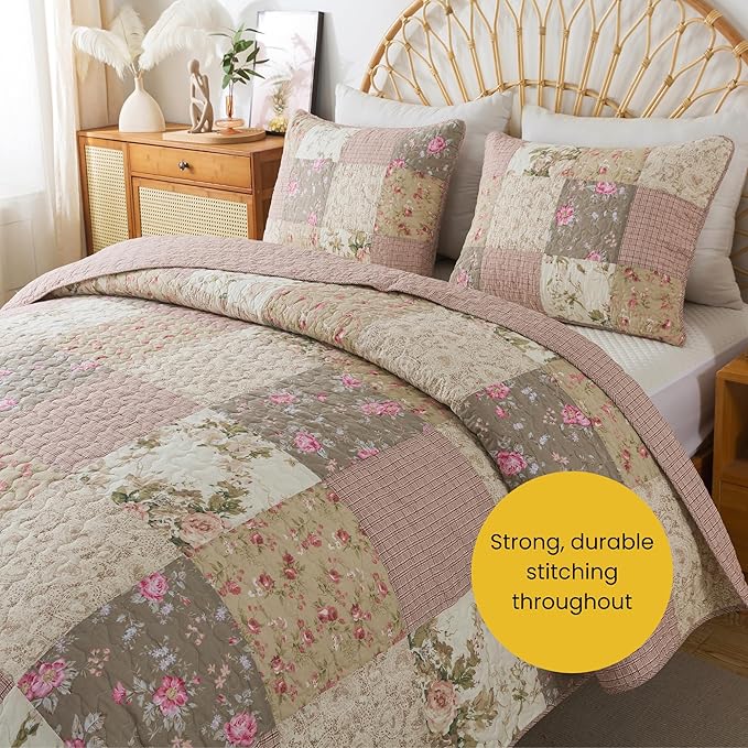 SLPR Secret Garden Patchwork Cotton Pieced Quilt Set - Twin with 1 Sham, Country Shabby Chic Bedding with Flower Pattern, Pink Floral Farmhouse Quilted Bedspread for All Seasons