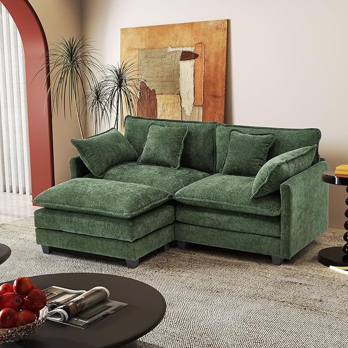 77.6" Modular Sectional Sofa,Loveseat Couch for Living Room, Modern Deep Seat Sofa 2 Seater Chenille Fabric Comfy Cloud Couches with Throw Pillows & Ottoman for Apartment,Small Spaces