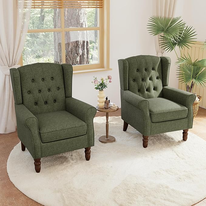 Lumibee High Back Accent Chair,Upholstered Wingback Armchair with Solid Wood Legs for Small Spaces,Comfy Single Sofa Chair for Living Room,Bedroom,Office-Green