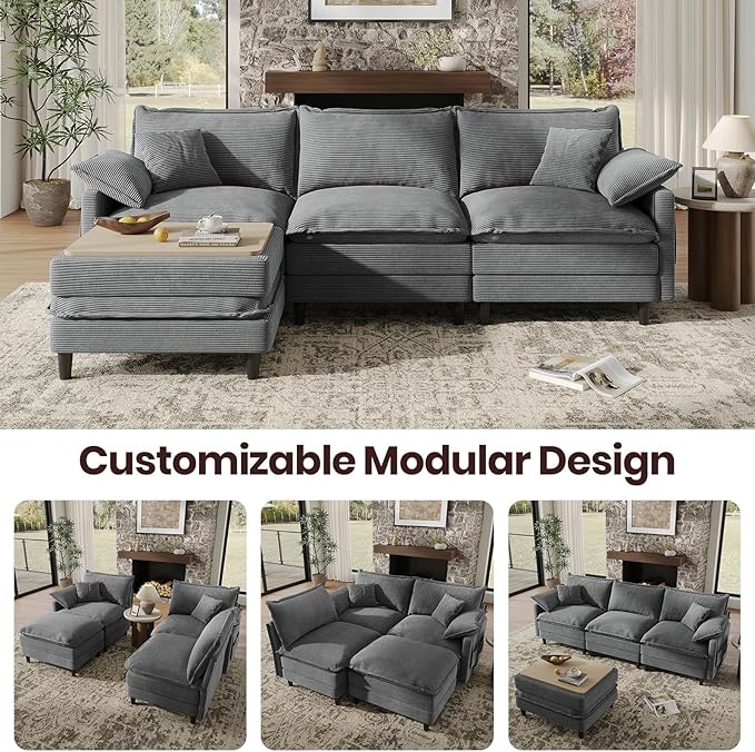 108" L Shaped Modular Sectional Cloud Couch with Ottoman, Snap-on Easy Installation 3 Seater Deep Seat Sofa with Storage Bag and Coffee Table for Living Room, Corduroy, Gray