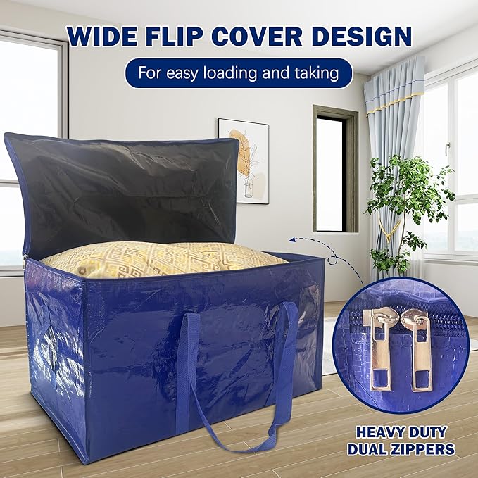4 Pack Extra Heavy Duty Large Moving Bags with Strong Zipper & Carrying Handles, Sturdy Clothes Storage Bag Totes Bins, Packing Bags Moving Boxes College Moving Supplies, Dark Blue - 33 gal
