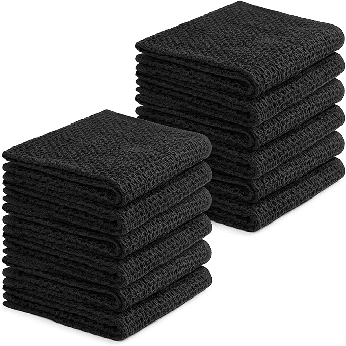 100% Cotton Waffle Weave Kitchen Dish Towels – Solid, Ultra Soft, Scratch-Free & Superb Absorbent - Quick Drying Cleaning Towels,Perfect disch Cloth 13 x 28-12 Pack, Black