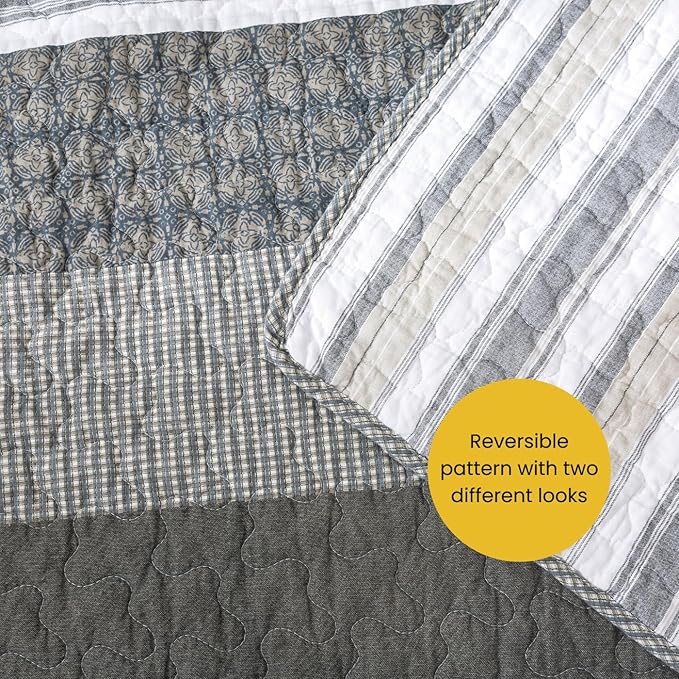 Soul & Lane Madrona 3-Piece Pieced Cotton Quilt Set - Queen Size with 2 Shams, Modern Masculine Quilted Bedspread in Brown and Gray, Contemporary Striped Bedding for Men's Bedroom