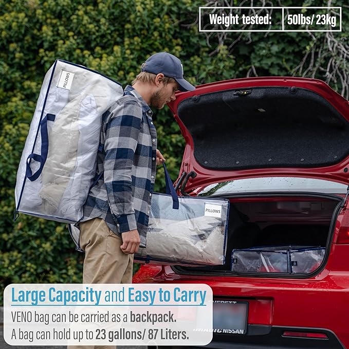 VENO 8 Pack Moving Bags w/Backpack Straps, Heavy Duty, Moving Boxes Alternative, Packing Supplies, Large Storage Totes for Dorm Room Essentials with Zipper for Clothes (Clear, 8 Pack)