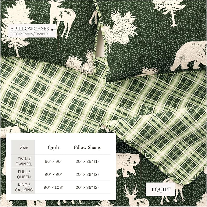 Great Bay Home Lodge Bedspread King Size Quilt with 2 Shams. Cabin 3- Piece Reversible All Season Quilt Set. Rustic Quilt Coverlet Bed Set. Rio Ridge Collection (Forest Green)