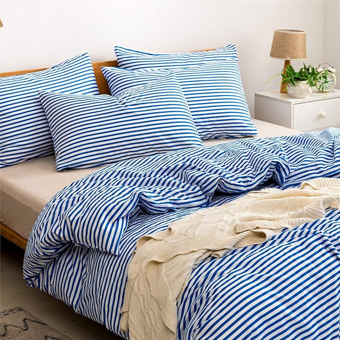 JELLYMONI 100% Natural Cotton 3pcs Striped Duvet Cover Sets,White Duvet Cover with Blue Stripes Pattern Printed Comforter Cover,with Zipper Closure & Corner Ties(Full Size)