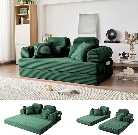 Convertible Sofa Bed with Fixed Frame, Corduroy Futon Boneless Couch with Pillow Headrest, No-Assembly Floor Sofa 79" Extra-Wide Sleeper for Living Room, Bedroom, Lounge, Studio (Dark Green)