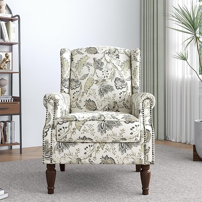Lumibee Wingback Accent Chair,High Back Floral Armchairs in Fabric,Comfy Upholstered Reading Single Sofa Chair with Solid Wood Legs for Living Room,Bedroom,Office-Plants Beige