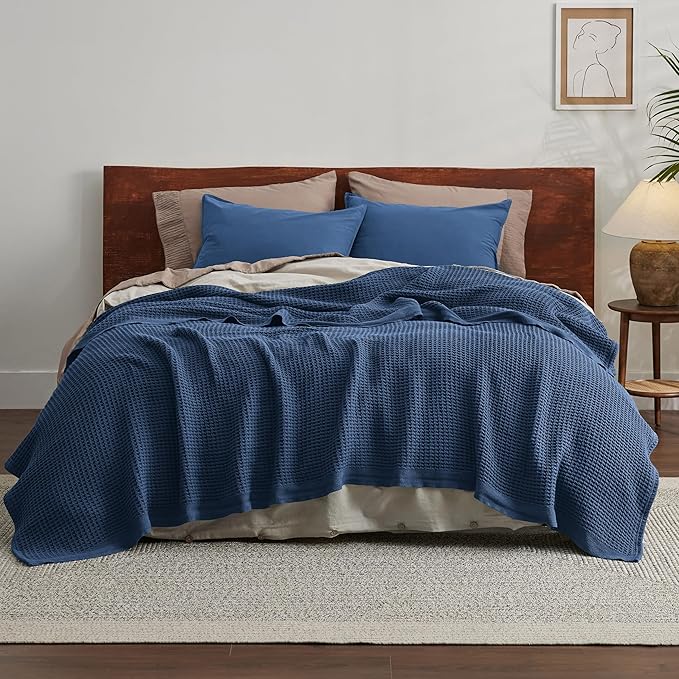 Bedsure Gentlesoft 100% Cotton Blanket King Size for Bed - Breathable and Soft, Thick Cozy Waffle Weave Christmas Blanket Gift for Women, Navy, 104x90 inches