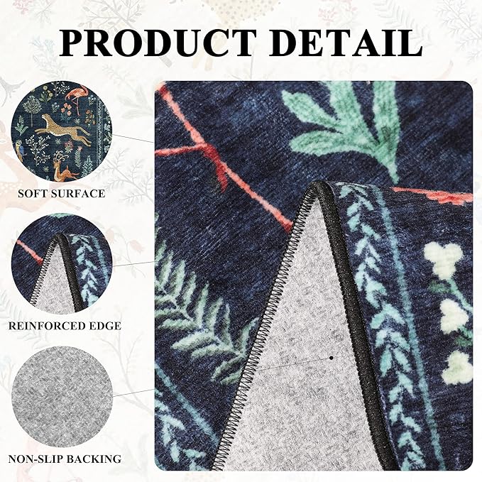 DUKINO Runner Rug, 2x7 Washable Kitchen Rugs for Hallways with Non Slip Backing, Soft Low Pile Vintage Animal Runner for Kitchen, Hallway, Entryway, Laundry, Bedroom, Navy Blue