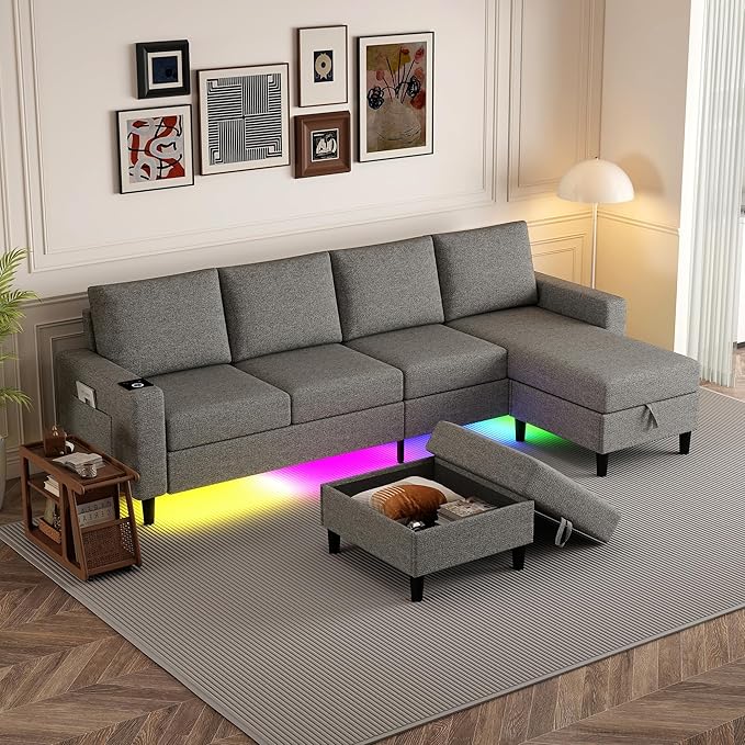 Sectional Couches for Living Room, 4 Seat Sectional Sofa with Smart Module-Wireless Charging/USB/Type-C/RGB Light, U Shaped Couch with Reversible Chaise Lounge/Storage Ottoman (Light Grey)