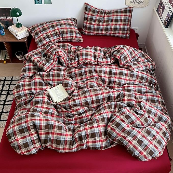 VM VOUGEMARKET Red Brown Plaid Duvet Cover Set King,3 Pieces Washed Cotton Bedding Set,Breathable Luxury Checkered Duvet Cover with 2 Pillowcases
