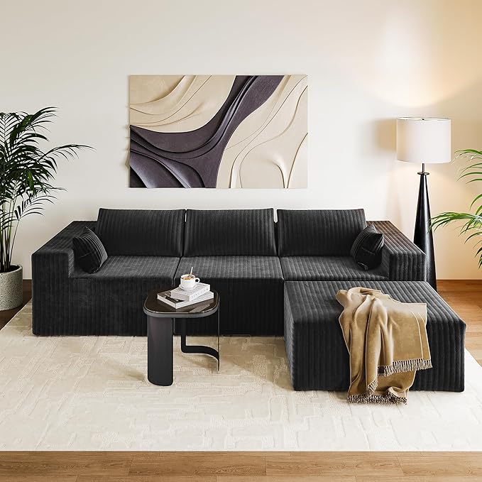 110" Cloud Couch Sectional for Living Room L-Shape Boneless Couches Modular Sectional Sofa with Deep Seat with Chaise,No Assembly Required,Carbon Black(Plush Corduroy Fabric)