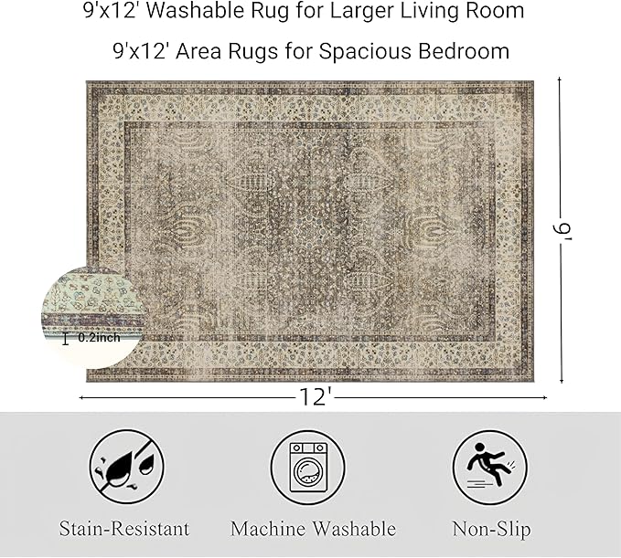 RCTJHOME 9'x12' Washable Area Rugs for Larger Living Room/Spacious Bedroom, Ultra Soft Non-Slip Accent Carpet, Dining Room,Larger Home Office, Low Pile Persian Rug Retro Golden Brown Multi